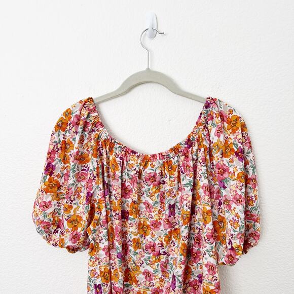 [W5] Pink Orange Floral Print Puff Sleeve Smocked Neck Scoop Blouse Sz Medium M - Picture 5 of 10
